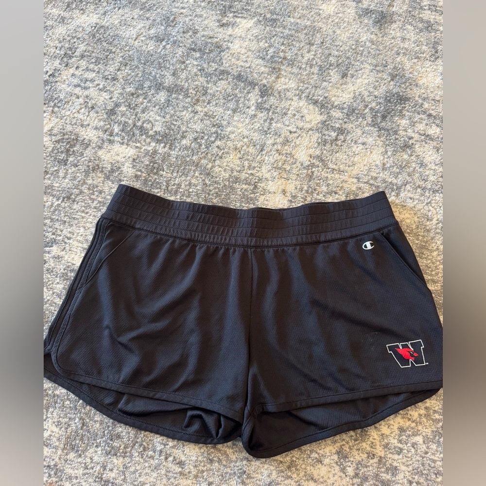 Champion Wesleyan University Black Women's Athletic Shorts with Red 'W' Logo